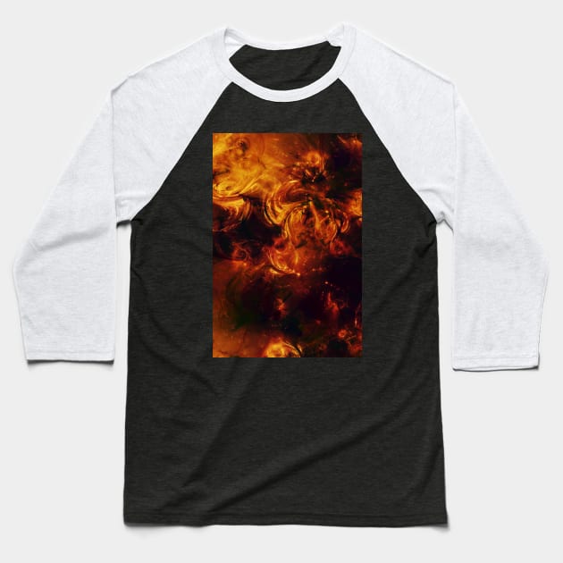 Molten Fire Burst Flames Black and Orange Abstract Artwork Baseball T-Shirt by love-fi